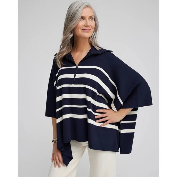 Chico’s Stripe Zip Collar Sweater Poncho in Blue White Size L / XL - Picture 1 of 12